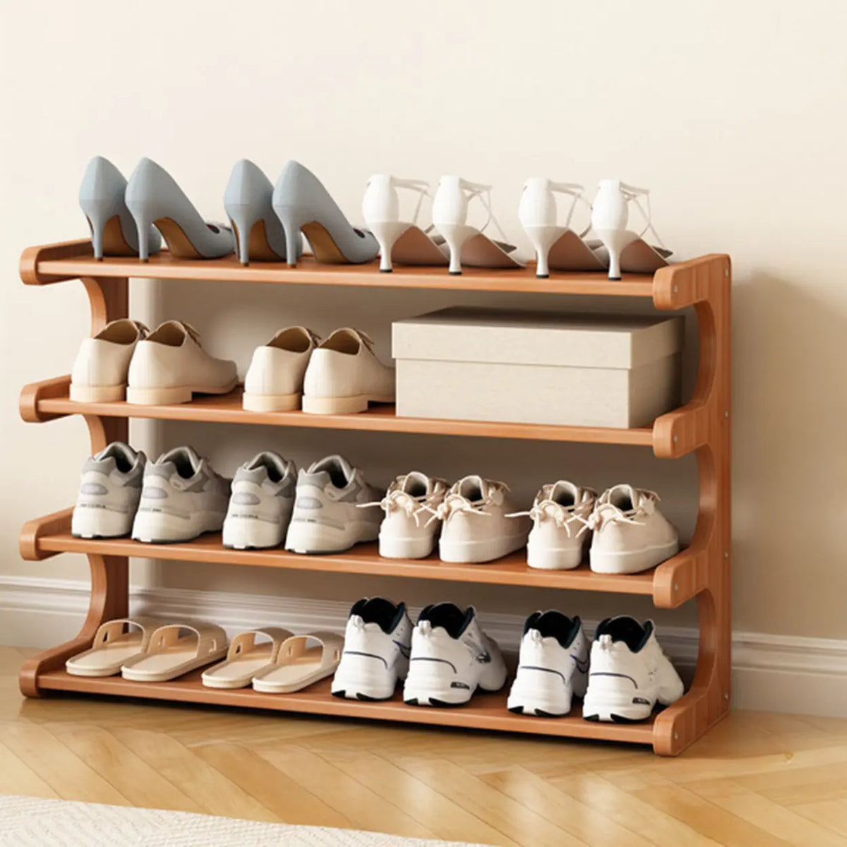 Wooden Shoe Rack with Curved Side Panels Open Freestanding Shoe Shelf Modern Bamboo Shoe Storage Organiser for Hallway | Entryway and Wardrobe