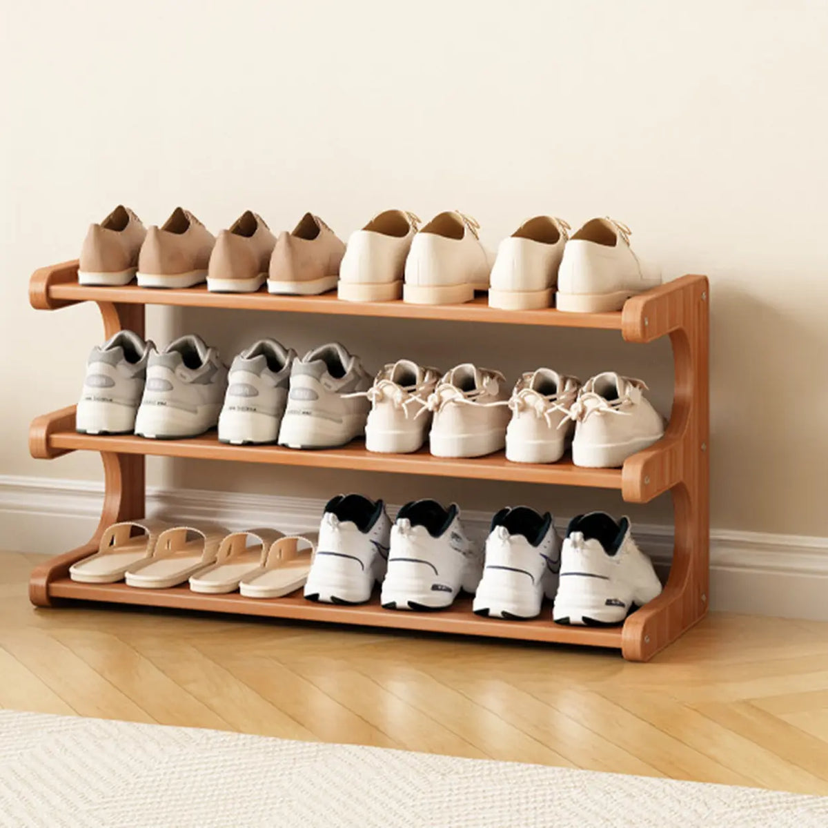 Wooden Shoe Rack with Curved Side Panels Open Freestanding Shoe Shelf Modern Bamboo Shoe Storage Organiser for Hallway | Entryway and Wardrobe