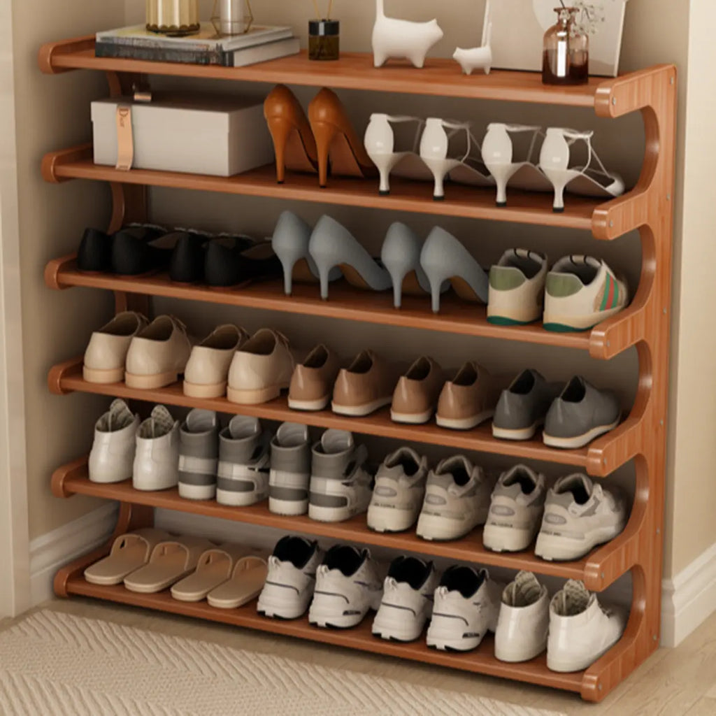 Wooden Shoe Rack with Curved Side Panels Open Freestanding Shoe Shelf Modern Bamboo Shoe Storage Organiser for Hallway | Entryway and Wardrobe