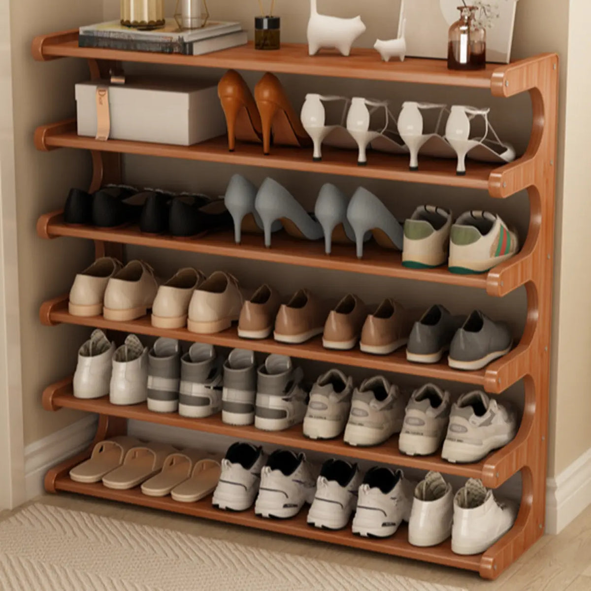 Wooden Shoe Rack with Curved Side Panels Open Freestanding Shoe Shelf Modern Bamboo Shoe Storage Organiser for Hallway | Entryway and Wardrobe