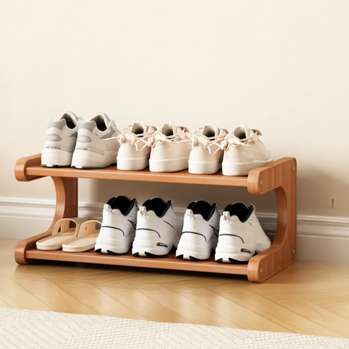 Wooden Shoe Rack with Curved Side Panels Open Freestanding Shoe Shelf Modern Bamboo Shoe Storage Organiser for Hallway | Entryway and Wardrobe