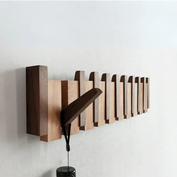 Wooden Piano Coat Rack Wall Mounted with Fold-Out Hooks Solid Wood Coat Hanger Space-Saving Entryway Organiser for Hallway and Bedroom