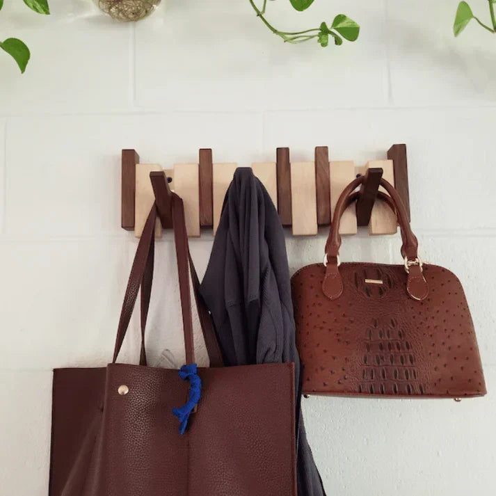 Wooden Piano Coat Rack Wall Mounted with Fold-Out Hooks Solid Wood Coat Hanger Space-Saving Entryway Organiser for Hallway and Bedroom